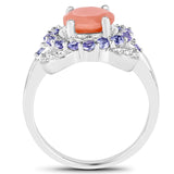 2.87 Carat Genuine Peach Moonstone and Tanzanite .925 Sterling Silver Ring