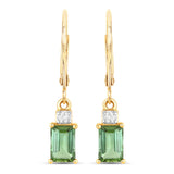 1.28 Carat Genuine Green Tourmaline and White Diamond 14K Yellow Gold Earrings