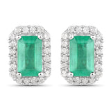 0.91 Carat Genuine Zambian Emerald and White Diamond 14K White Gold Earrings