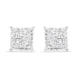14K White Gold 1 1/2 Cttw Invisible Set Princess-Cut Diamond Contemporary Wavy Quad Stud Earrings (I-J Color, I1-I2 Clarity)