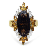 14K Yellow Gold Plated 7.07 Carat Genuine Smoky Quartz, Citrine & White Diamond .925 Sterling Silver Ring