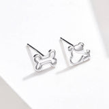 925 Sterling Silver Earrings for Women, 0.5-0.6cm, Bone and Dog Design, Platinum Plated