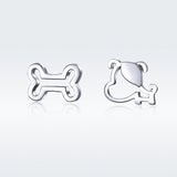 925 Sterling Silver Earrings for Women, 0.5-0.6cm, Bone and Dog Design, Platinum Plated