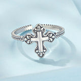 925 Sterling Silver Oxidized Silver 0.18cm Crucifix Adjustable Ring for Women