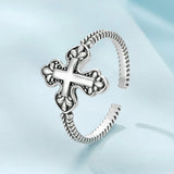 925 Sterling Silver Oxidized Silver 0.18cm Crucifix Adjustable Ring for Women