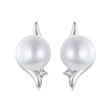 925 Sterling Silver Natural Pearl & CZ Earrings Plated in Platinum