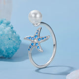 925 Sterling Silver White Gold Plated Quality Shell Pearl Starfish Ring for Women