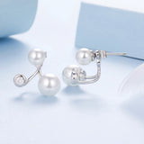925 Sterling Silver Earrings with CZ and Synthetic Pearl, 1.7cm, White Gold Plated for Women