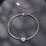 925 Sterling Silver Moissanite Heart Bracelet for Women - Silver - 15+6cm Length, 0.3cm Thickness