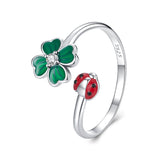 925 Sterling Silver Ladybug Four-leaf Clover Ring for Women