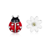 925 Sterling Silver Earrings with Enamel - Bug 1.0 x 0.8 cm, Flower 0.9 x 0.9 cm - Women