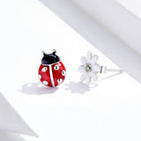 925 Sterling Silver Earrings with Enamel - Bug 1.0 x 0.8 cm, Flower 0.9 x 0.9 cm - Women