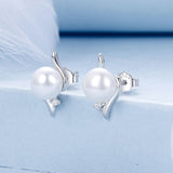 925 Sterling Silver Natural Pearl & CZ Earrings Plated in Platinum