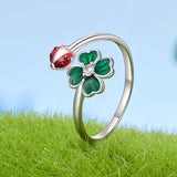 925 Sterling Silver Ladybug Four-leaf Clover Ring for Women