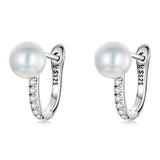 925 Sterling Silver Earrings with Pavé Setting CZ and Shell Pearl, 1.4*0.6cm for Women