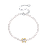 925 Sterling Silver White Gold Plated Nacre Synthetic Pearl CZ 16+5cm Bracelet for Women