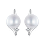 925 Sterling Silver Natural Pearl & CZ Earrings Plated in Platinum