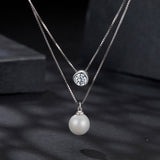 925 Sterling Silver Moissanite & Quality Shell Pearl Necklace for Women - 40+5cm, White Gold Plated