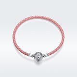 925 Sterling Silver Pavé Setting CZ Bracelet with Genuine Leather for Women