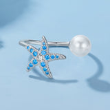 925 Sterling Silver White Gold Plated Quality Shell Pearl Starfish Ring for Women