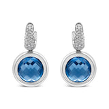 18K White Gold Bezel Set 11mm Blue Topaz and 1/2 Cttw Invisible Set Diamond Bale Dangle Earrings (F-G Color, VS1-VS2 Clarity)