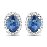 2.16 Carat Genuine Blue Sapphire and White Diamond 14K White Gold Earrings