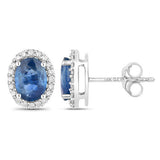 2.16 Carat Genuine Blue Sapphire and White Diamond 14K White Gold Earrings