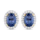 2.16 Carat Genuine Blue Sapphire and White Diamond 14K Yellow Gold Earrings