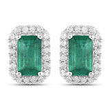 0.91 Carat Genuine Zambian Emerald and White Diamond 14K White Gold Earrings