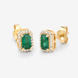 0.91 Carat Genuine Zambian Emerald and White Diamond 14K Yellow Gold Earrings