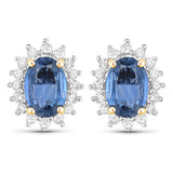 2.22 Carat Genuine Blue Sapphire and White Diamond 14K Yellow Gold Earrings