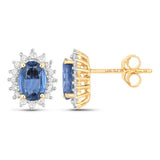 2.22 Carat Genuine Blue Sapphire and White Diamond 14K Yellow Gold Earrings