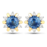 1.87 Carat Genuine Blue Sapphire and White Diamond 14K Yellow Gold Earrings