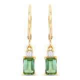 1.28 Carat Genuine Green Tourmaline and White Diamond 14K Yellow Gold Earrings