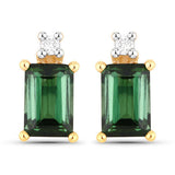 1.24 Carat Genuine Green Tourmaline and White Diamond 14K Yellow Gold Earrings