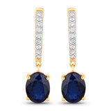 3.24 Carat Genuine Blue Sapphire and White Diamond 14K Yellow Gold Earrings
