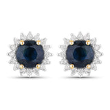 2.38 Carat Genuine Blue Sapphire and White Diamond 14K Yellow Gold Earrings