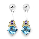 5.55 Carat Genuine Blue Topaz, Amethyst & White Diamond .925 Sterling Silver Earrings