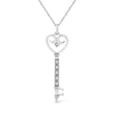 .925 Sterling Silver Pave and Bezel-Set Diamond Accent Key 18" Heart and Lock Pendant Necklace (K-L Color, I1-I2 Clarity)