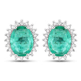 2.66 Carat Genuine Zambian Emerald and White Diamond 14K White Gold Earrings