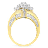 10K Yellow Gold Round and Baguette Diamond Crossover Cluster Ring (3 Cttw, I-J Color, I1-I2 Clarity) - Size 7-1/2