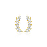 14k Yellow Gold Leaf Motif Climber Post Earrings with Marquise Cubic Zirconias