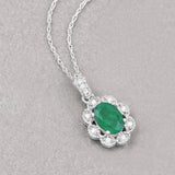 0.79 Carat Genuine Zambian Emerald and White Diamond 10K White Gold Pendant