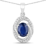 1.71 Carat Genuine Blue Sapphire and White Diamond 14K White Gold Pendant