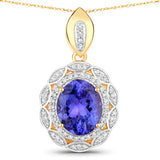 4.13 Carat Genuine Tanzanite and White Diamond 14K Yellow Gold Pendant