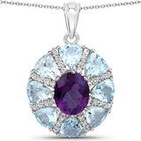 9.50 Carat Genuine Amethyst, Blue Topaz and White Topaz .925 Sterling Silver Pendant