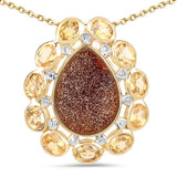 14K Yellow Gold Plated 5.14 Carat Genuine Red Droozi and Citrine .925 Sterling Silver Pendant