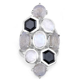 10.30 Carat Genuine White Rainbow Moonstone, Labradorite And Black Onyx .925 Sterling Silver Ring