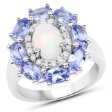 3.05 Carat Genuine Ethiopian Opal, Tanzanite and White Diamond .925 Sterling Silver Ring