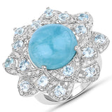 12.72 Carat Genuine Aquamarine and White Diamond .925 Sterling Silver Ring